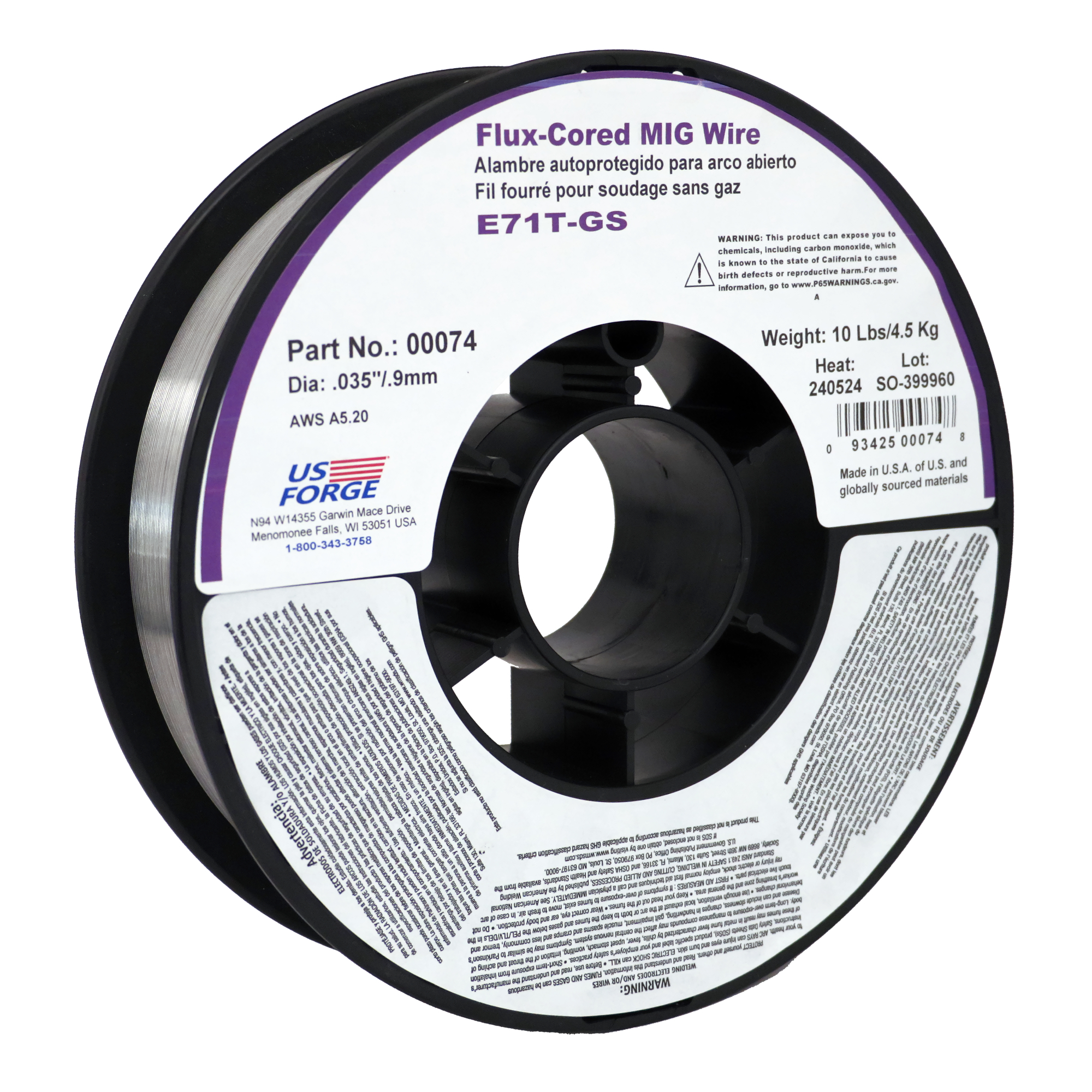 US Forge® .035" E71T-GS Flux-Cored Mild Steel Wire - 10 lbs, Model# 74
